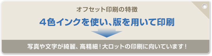オフセット印刷の特徴 4色インクを使い、版を用いて印刷 写真や文字がきれい、高精細!大ロットの印刷に向いています!